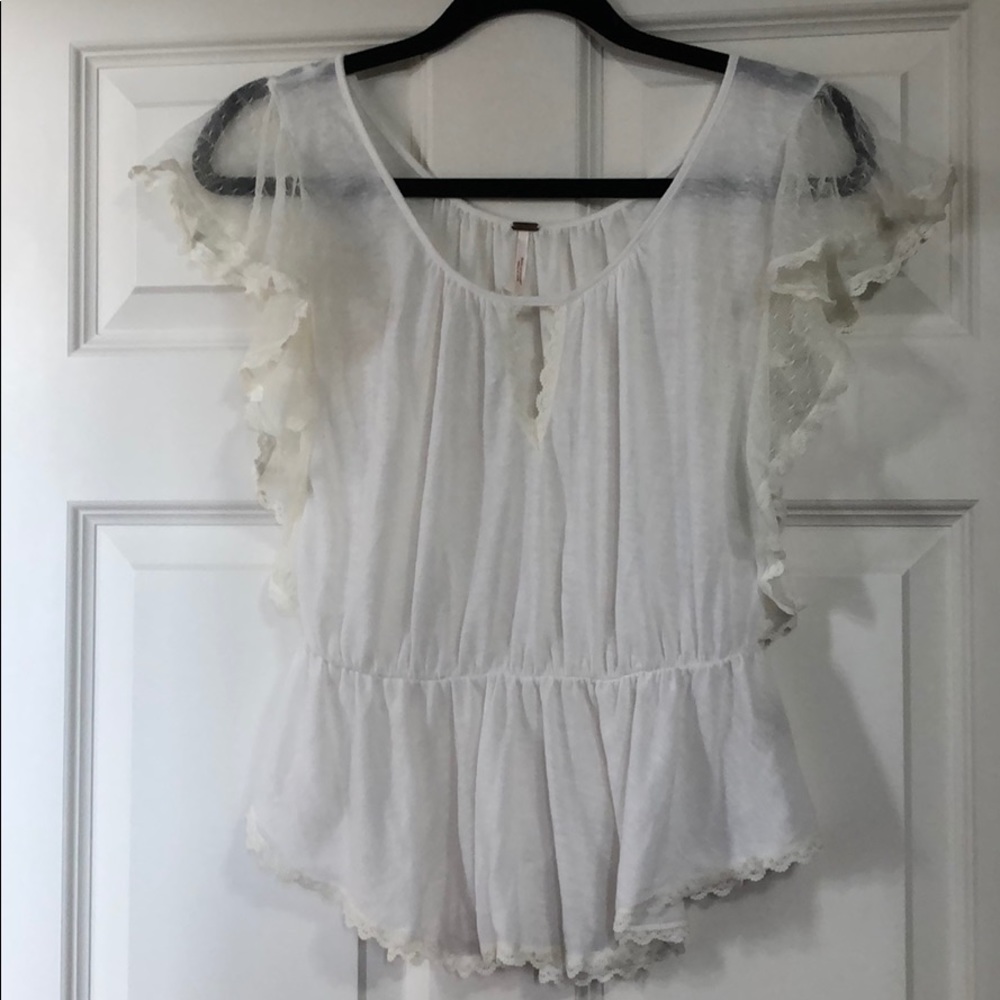 Free People | White Top w/ Lace Trim and Keyhole